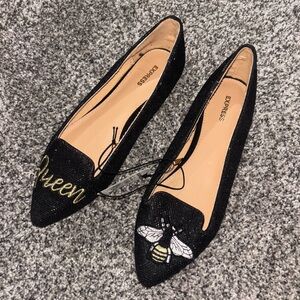 Express Black Pointed Flats with 'Queen' Embroidery and Bee Accent